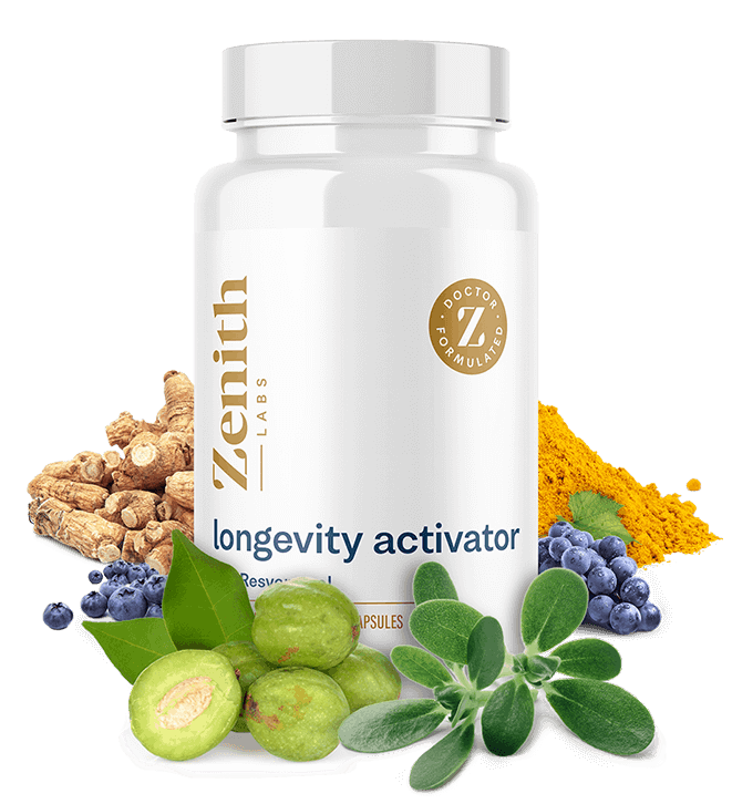 Longevity Activator supplement bottle by Zenith Labs anti-aging formula